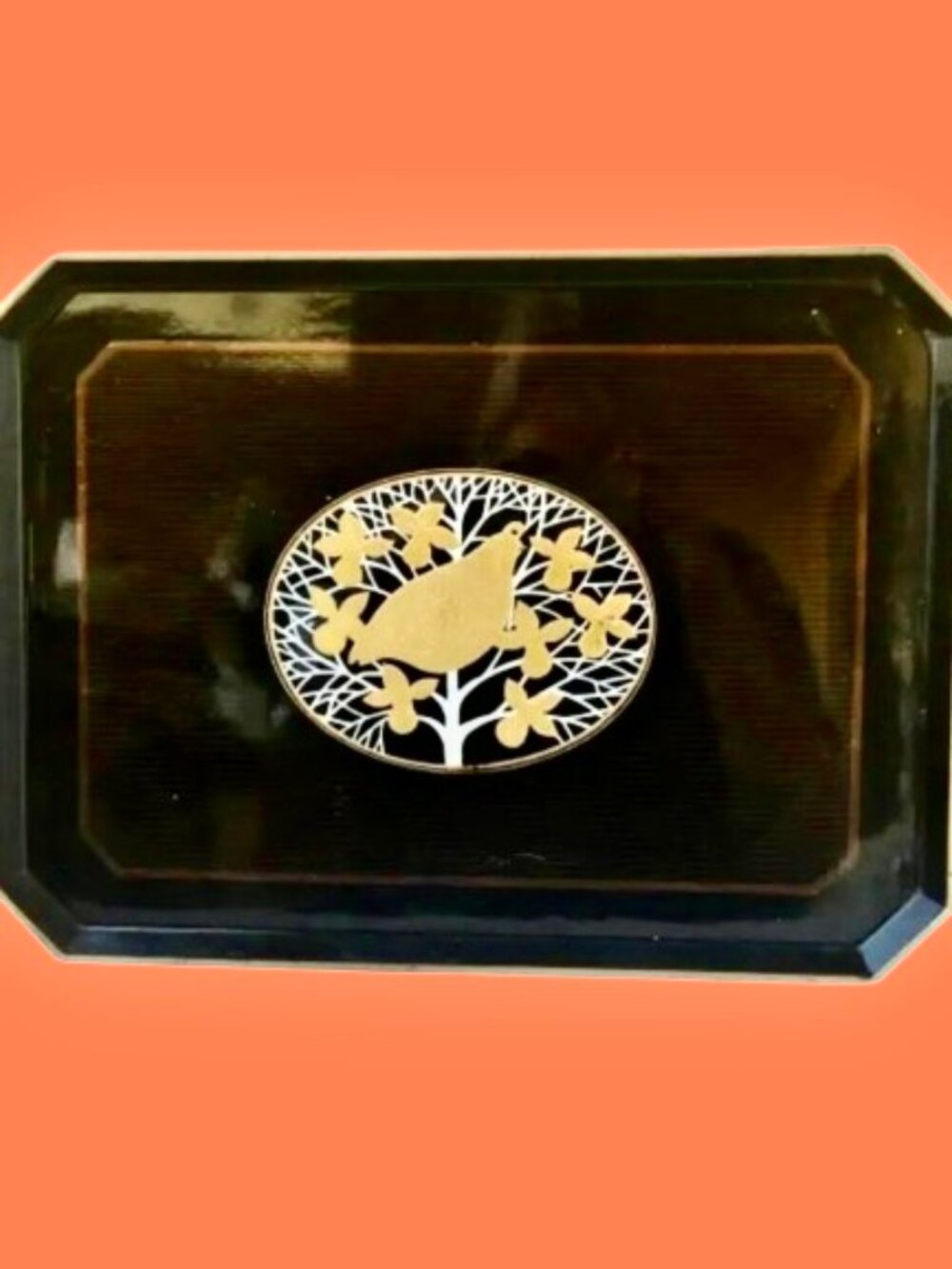 OTAGIRI Japan Vintage Lacquerware Serving Tray Quail Bird Black Brown Gold